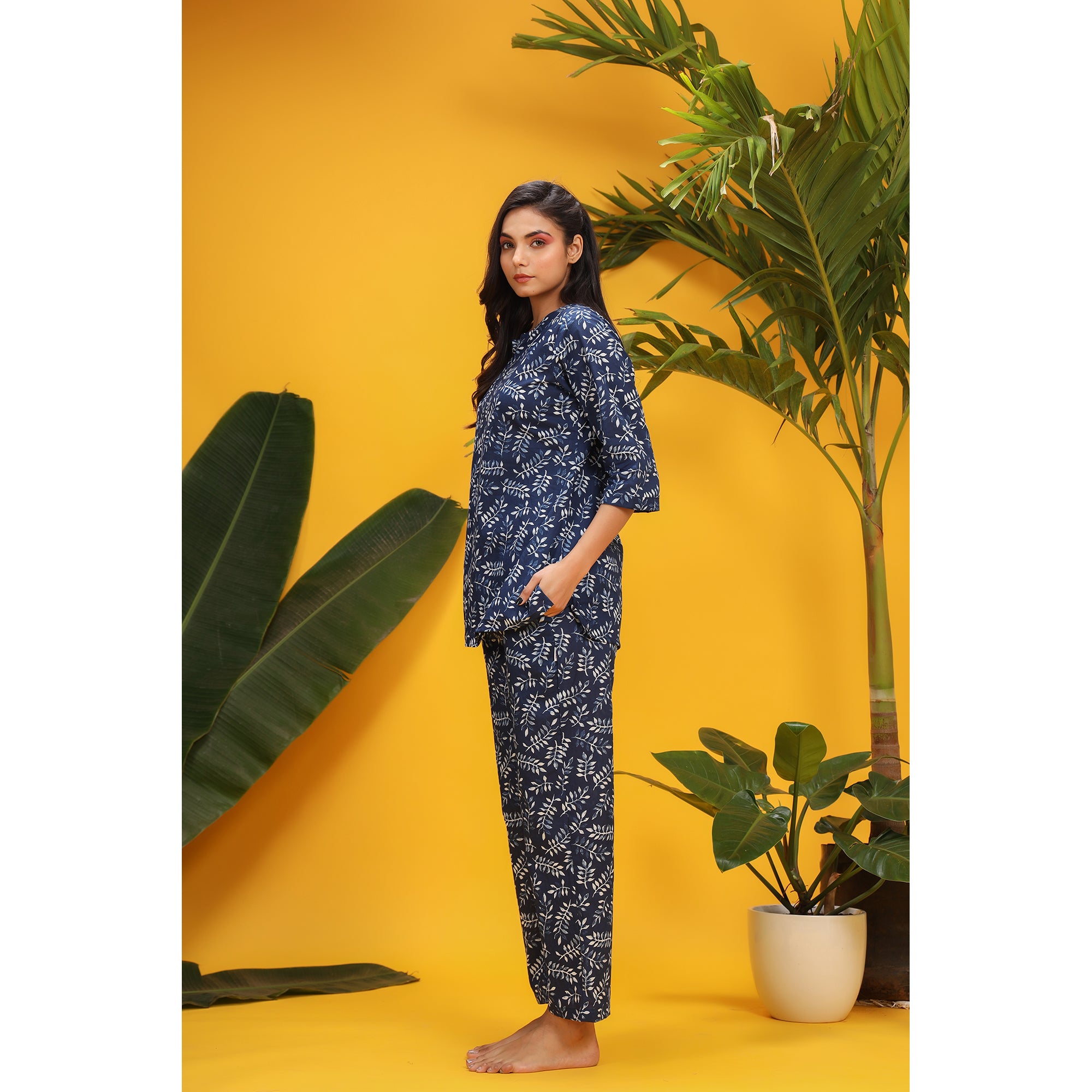 Neem Leaves on Blue Loungewear Top Set