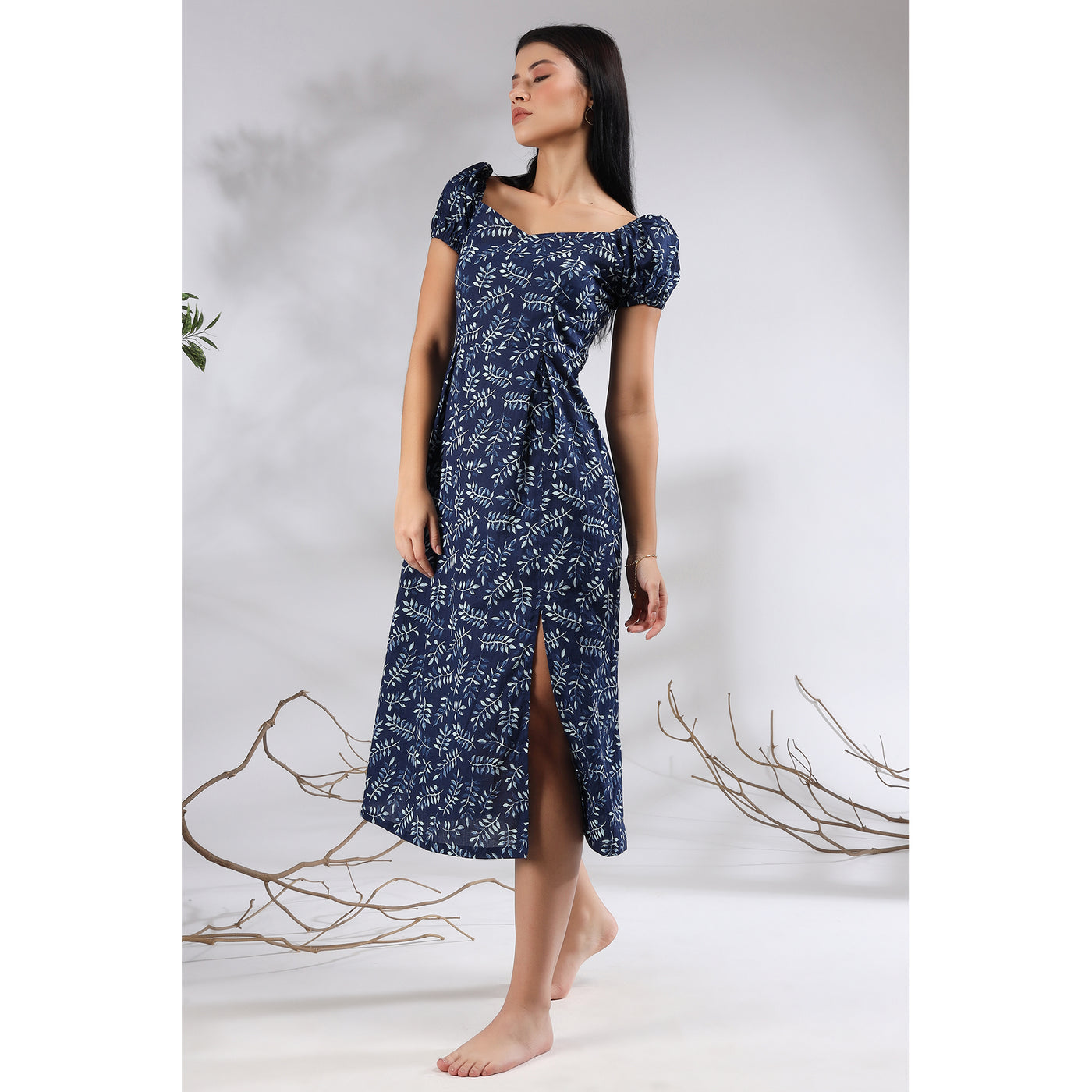 Neem Leaves on Blue Midi Slit Dress