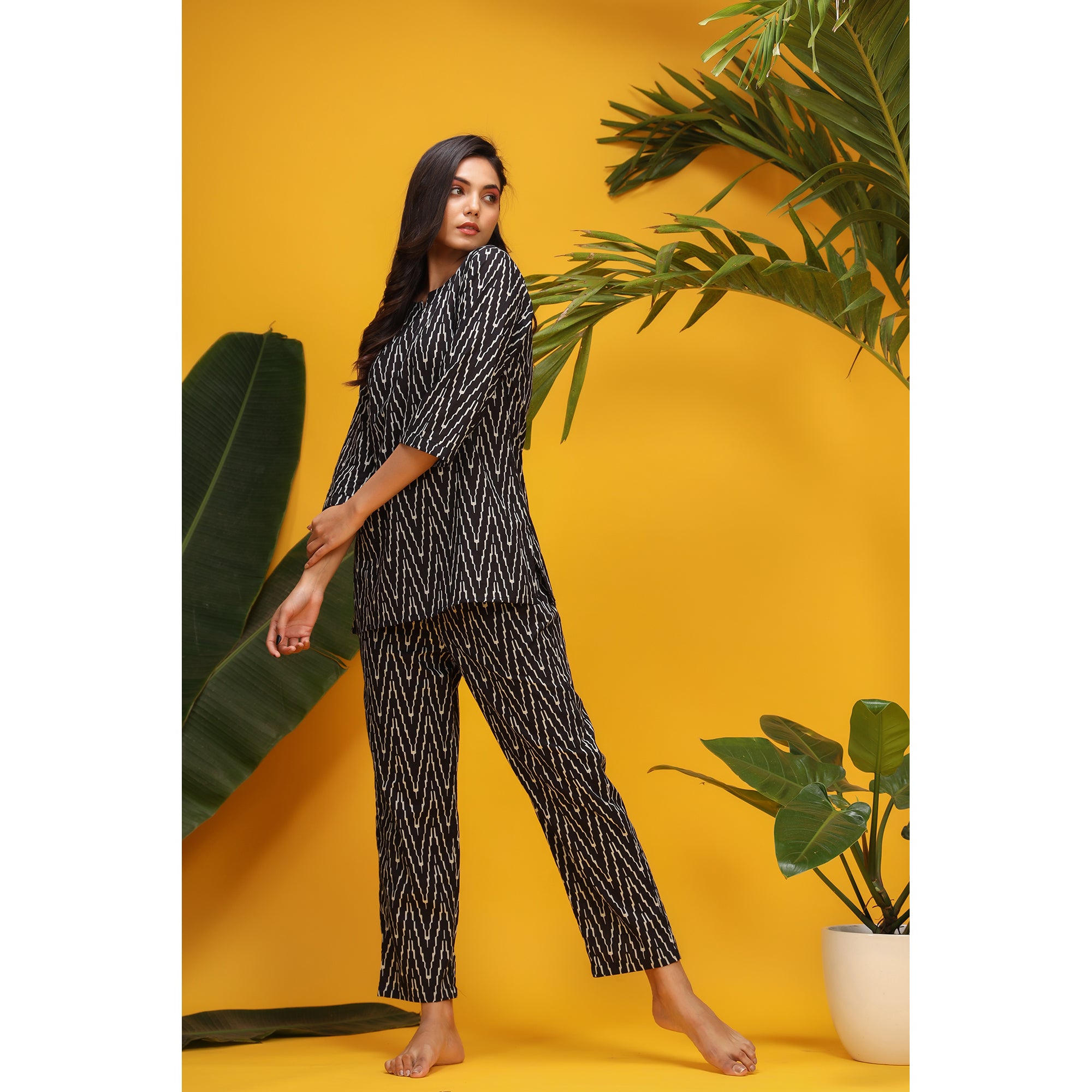 Zig Zag on Black Loungewear Top Set