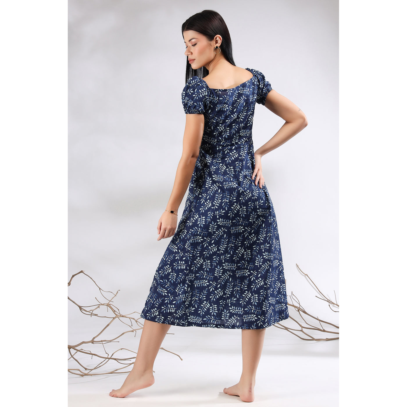 Neem Leaves on Blue Midi Slit Dress