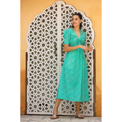Front Twist Shibori on Turquoise Midi Dress