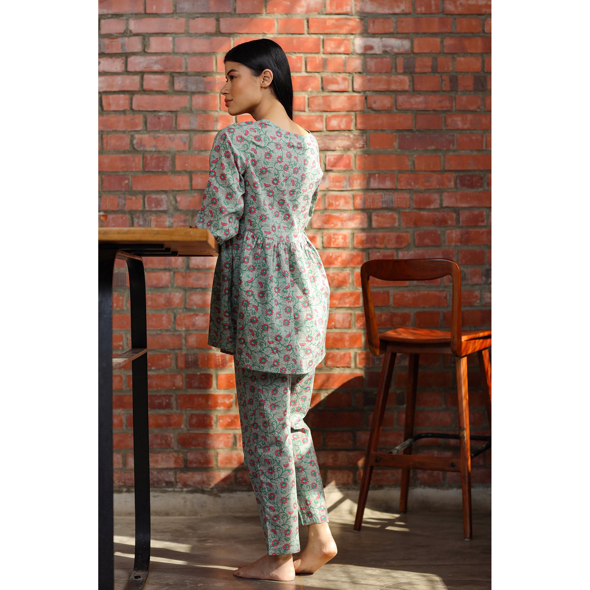 Floral Mosaic on Grey Loungewear Top Set