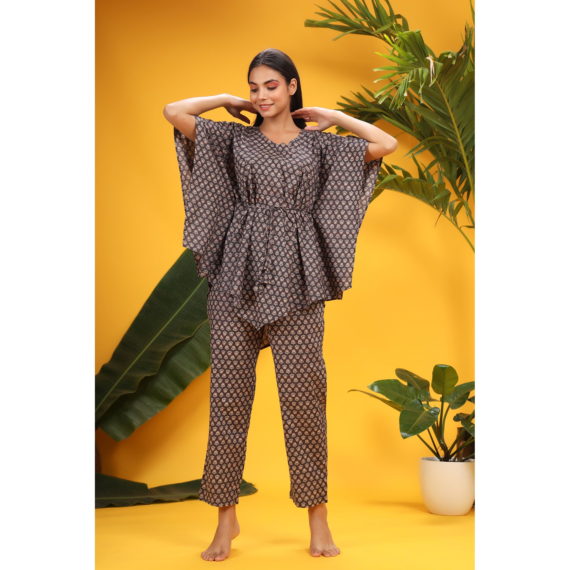 Petite Flowers On Charcoal Kaftan Pajama