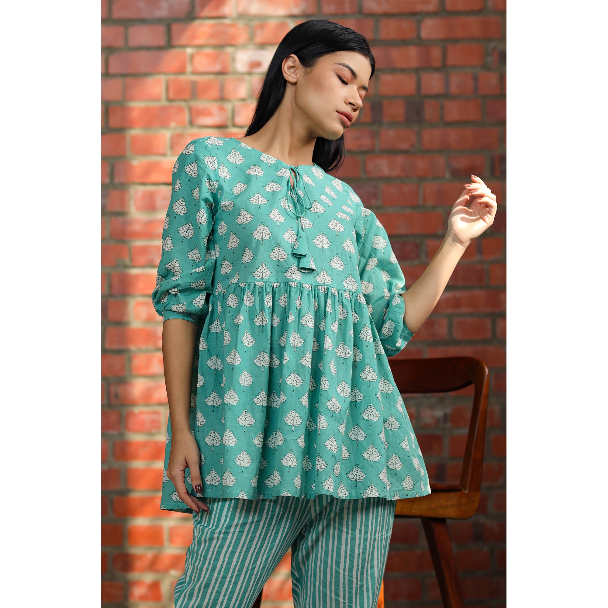 Tropical Leaves with Stripes on Turquoise Loungewear Top Set