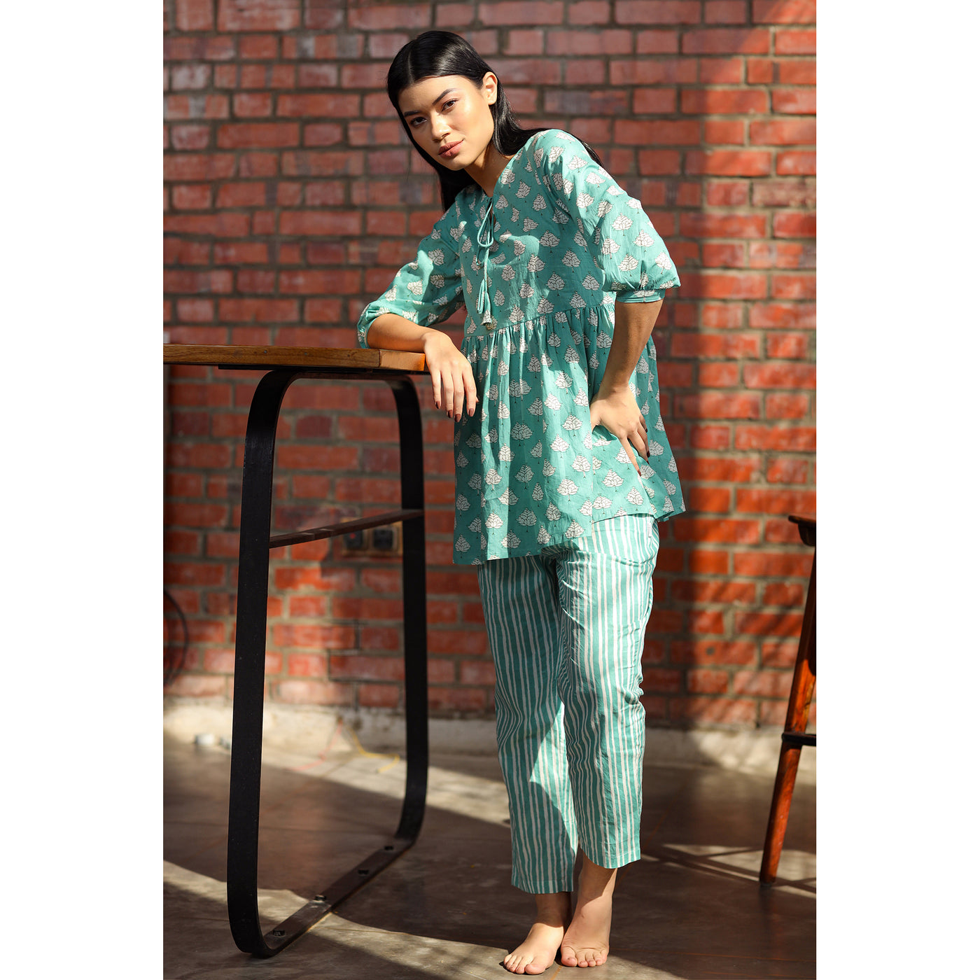 Tropical Leaves with Stripes on Turquoise Loungewear Set