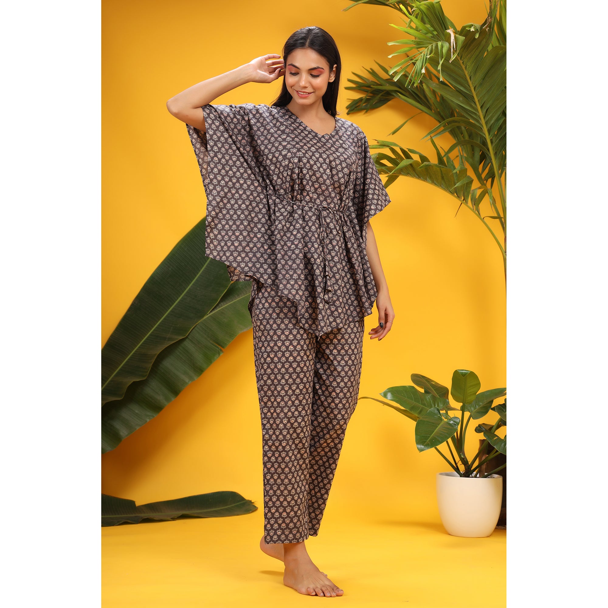 Petite Flowers On Charcoal Kaftan Pajama