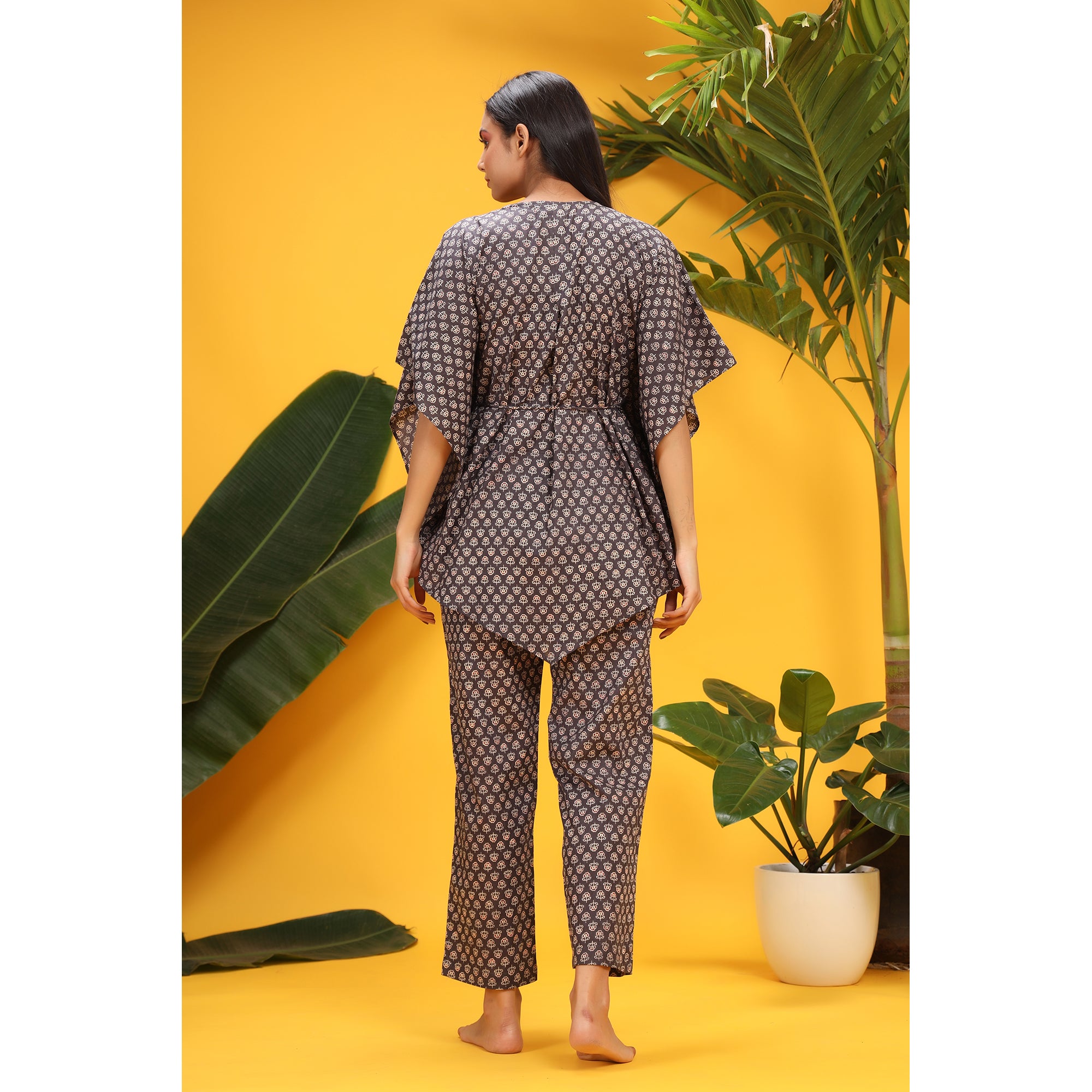 Petite Flowers On Charcoal Kaftan Pajama