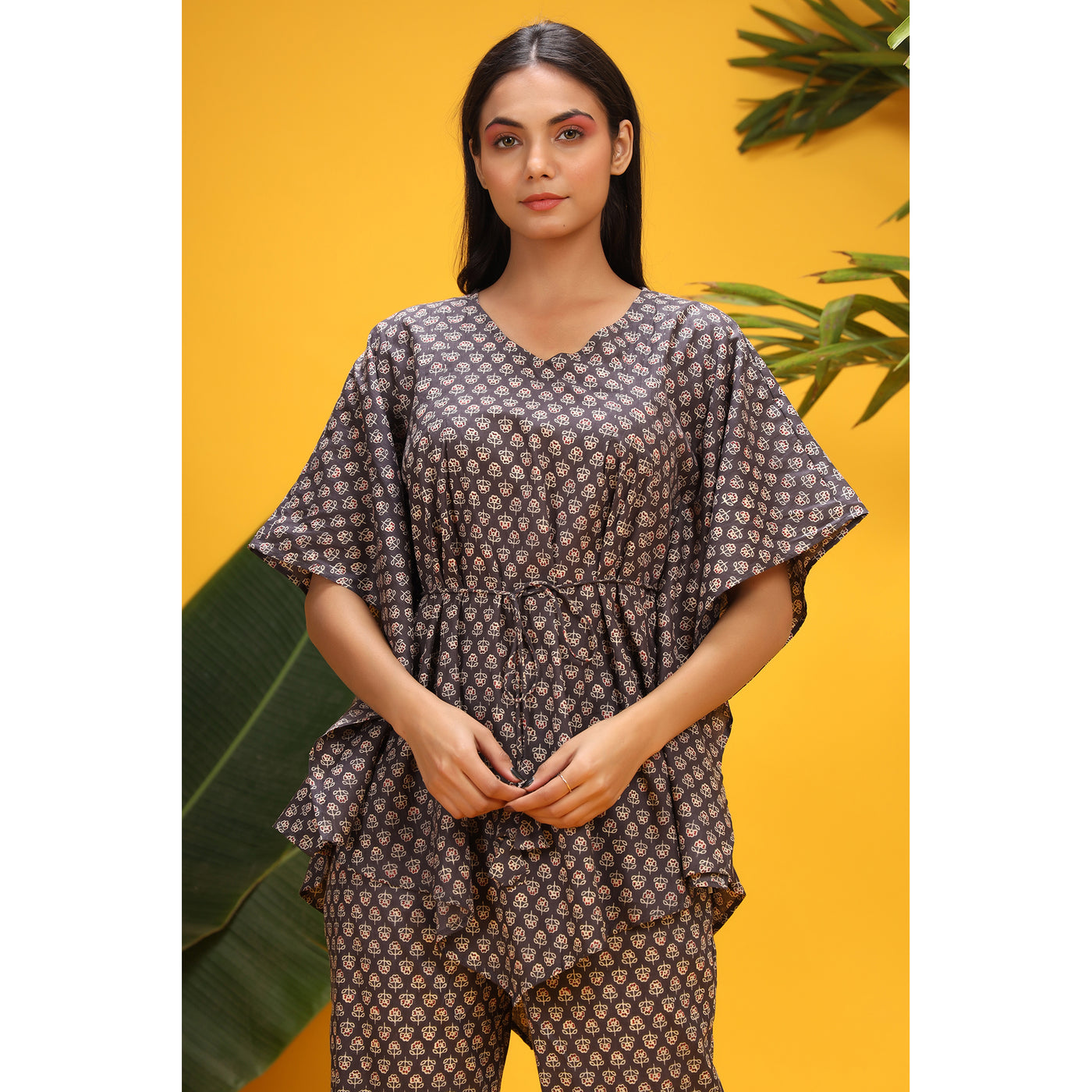 Petite Flowers On Charcoal Kaftan Pajama