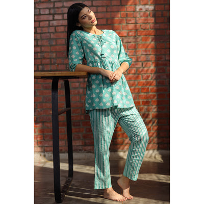 Tropical Leaves with Stripes on Turquoise Loungewear Set