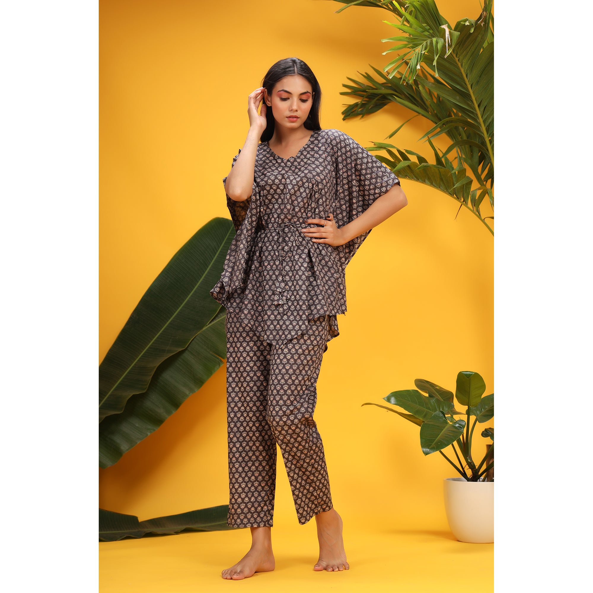 Petite Flowers On Charcoal Kaftan Pajama