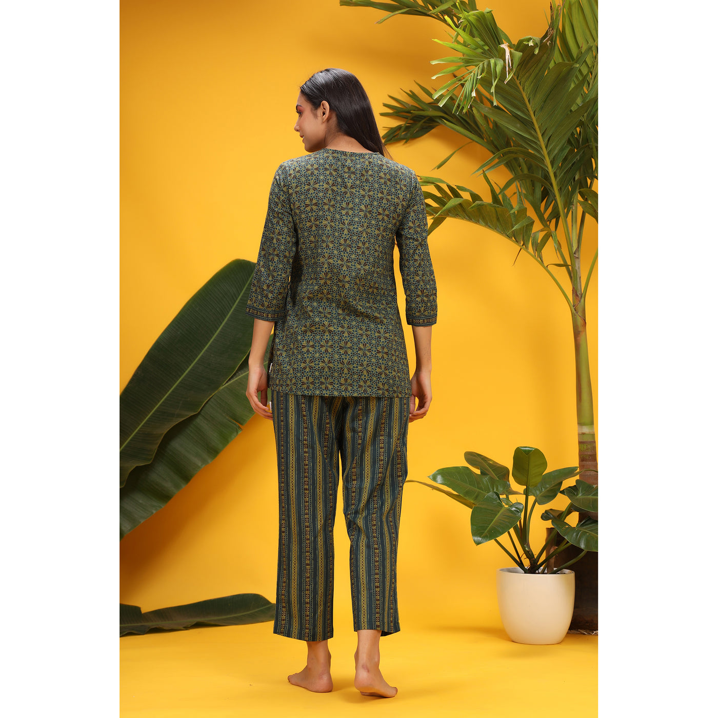 Floral Mosaic with Striped Contrast on Green Loungewear JISORA