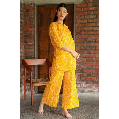 Patterned Bhandej on Yellow Loungewear Set