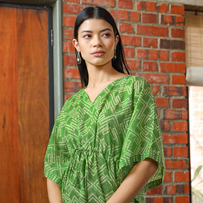 Handcrafted Shibori on Green Kaftan Pyjama Set