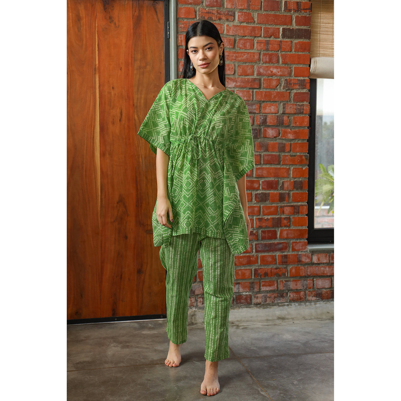 Handcrafted Shibori on Green Kaftan Pyjama Set