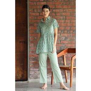 Sunflower with Contrast Stripes on Turquoise Cotton Loungewear Top Set