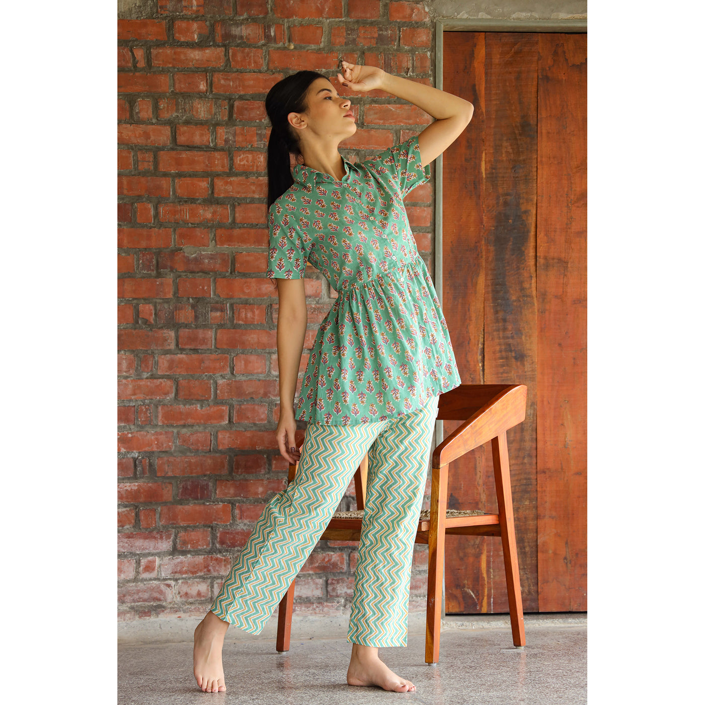 Sunflower with Contrast Stripes on Turquoise Loungewear Set
