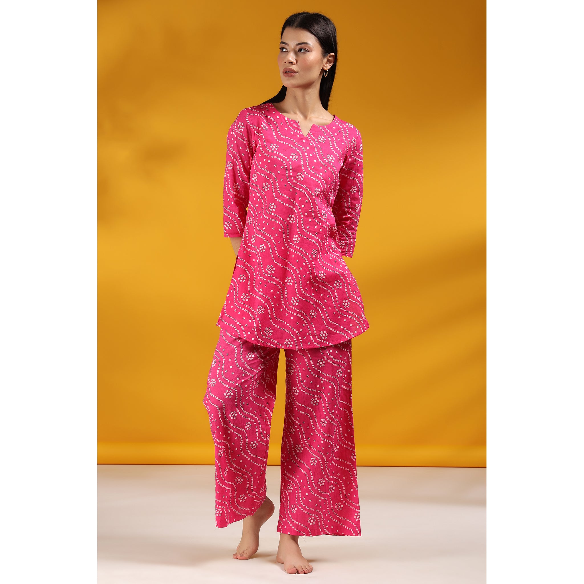 Patterned Bandhej on Pink Loungewear Top Set