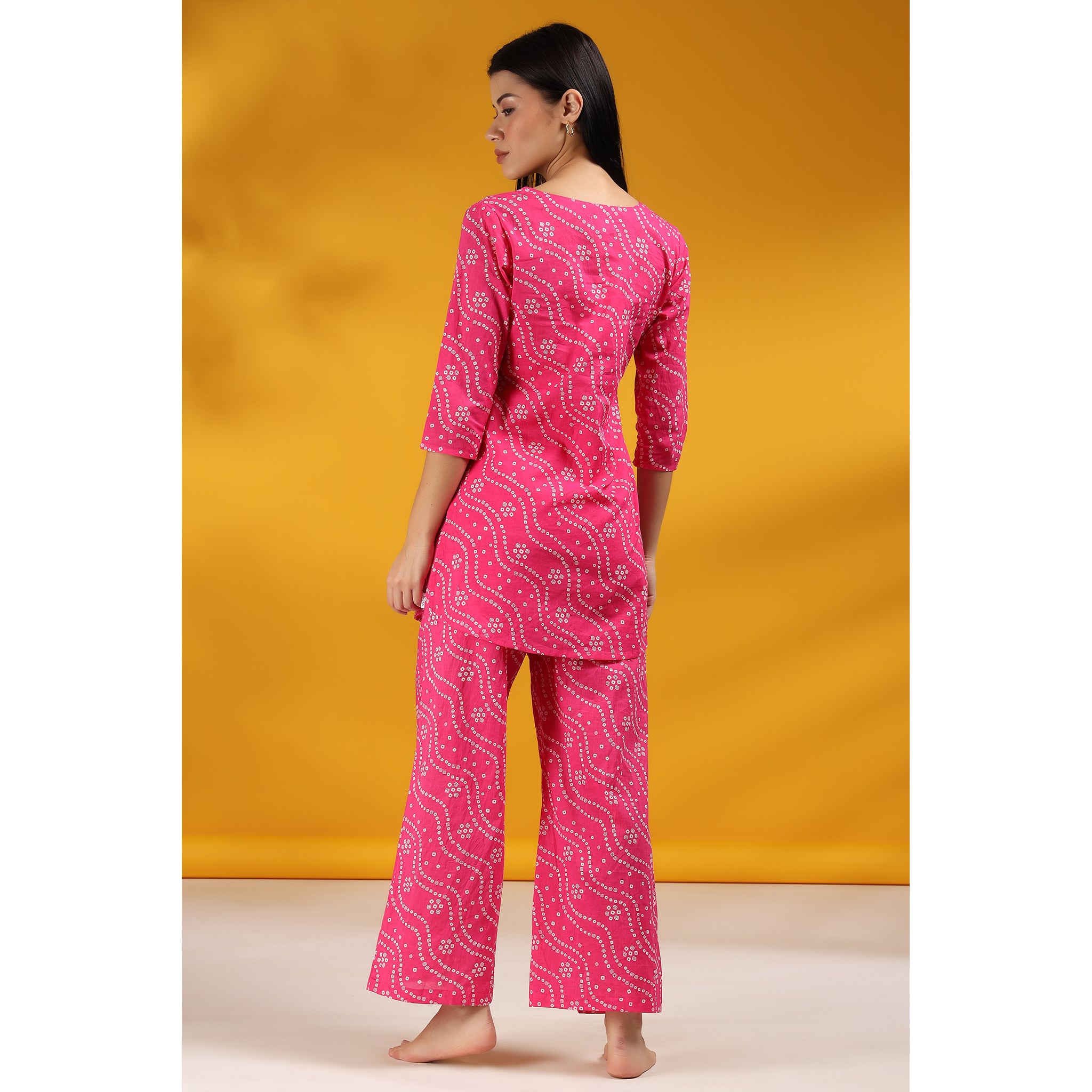 Patterned Bandhej on Pink Loungewear Top Set