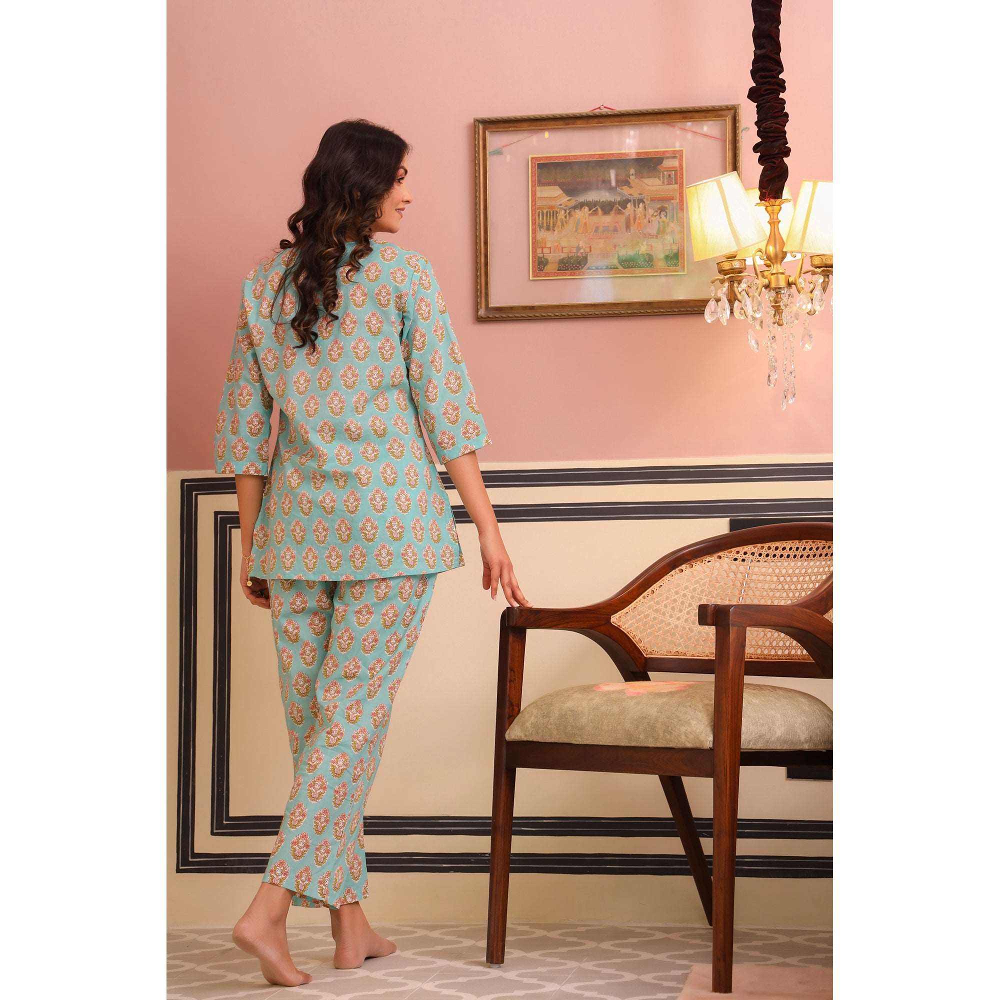 Bouquet Motif on Sky Blue Loungewear Set