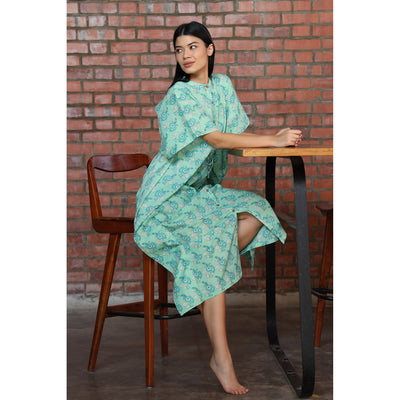 Floral Motifs on Turquoise Front Buttoned Kaftan