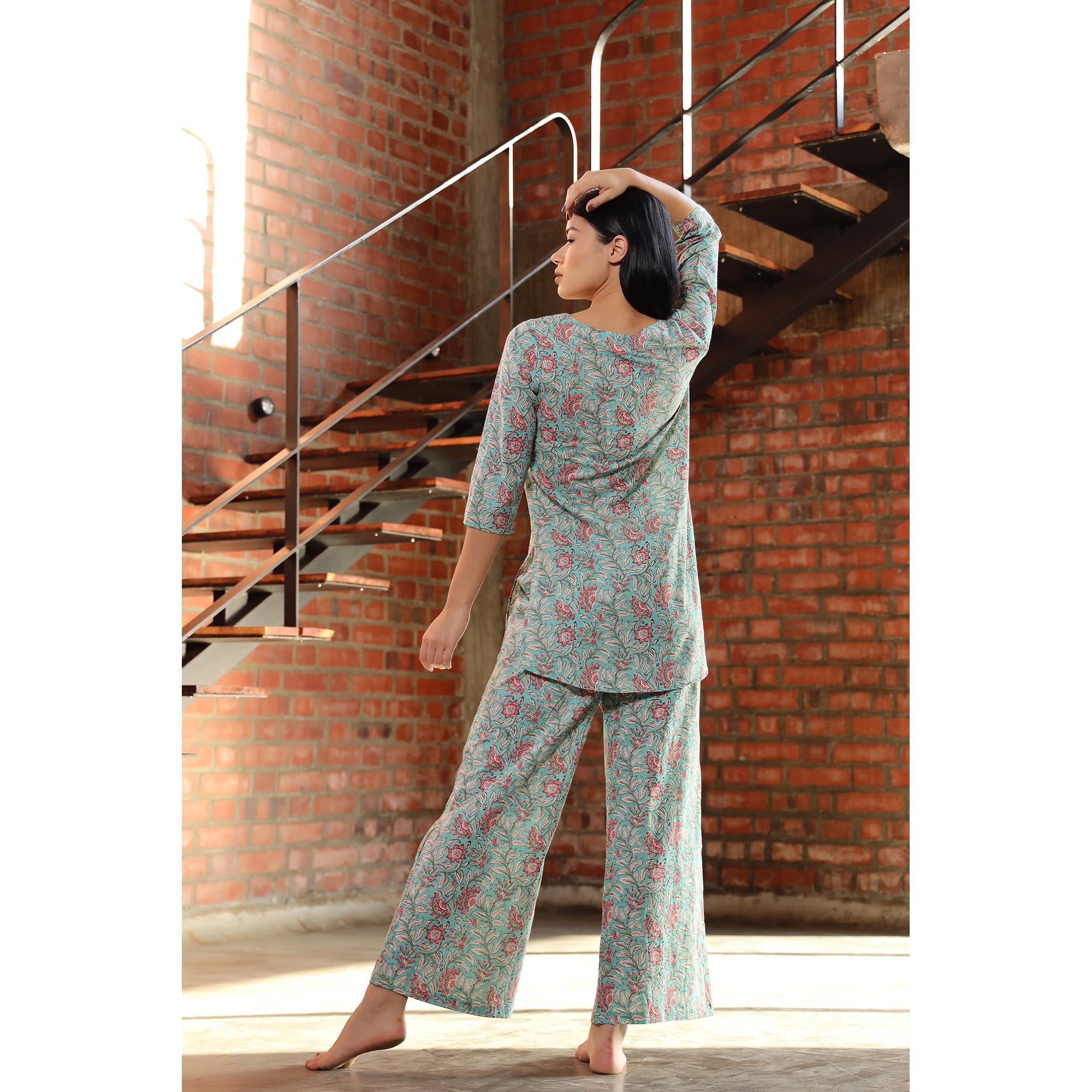 Floral Trail on Light Blue Loungewear Top Set