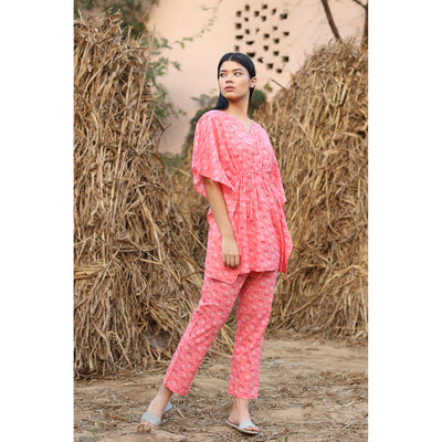 White Glitched Mandala on Pink Kaftan Pyjama Set