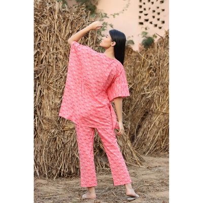White Glitched Mandala on Pink Kaftan Pyjama Set