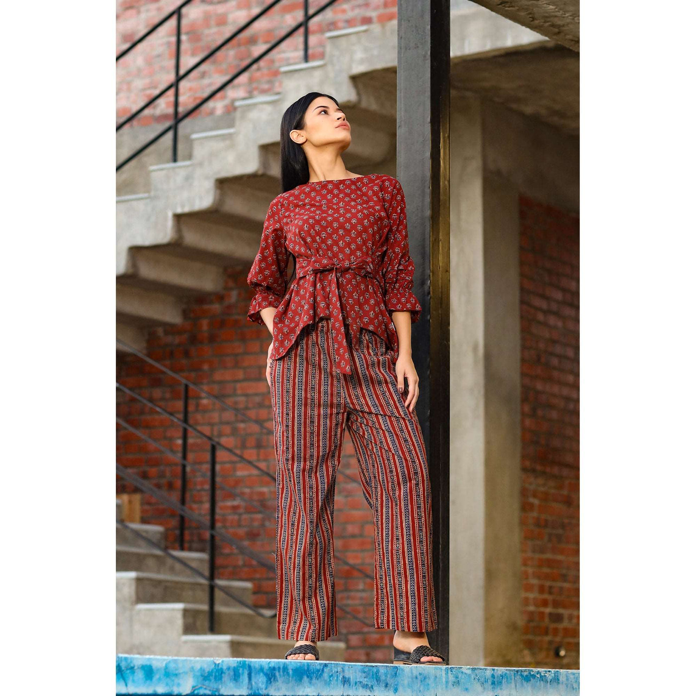 Ajrakh with Contrast Stripes on Maroon Co-ordinate Set