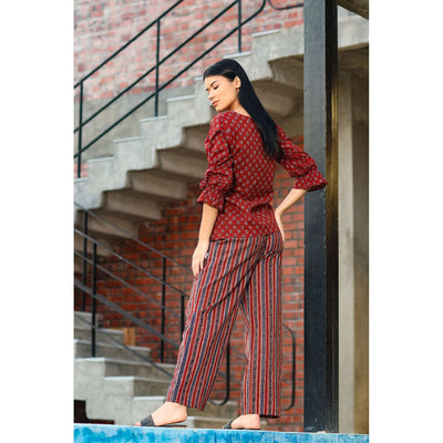 Ajrakh with Contrast Stripes on Maroon Co-ordinate Set