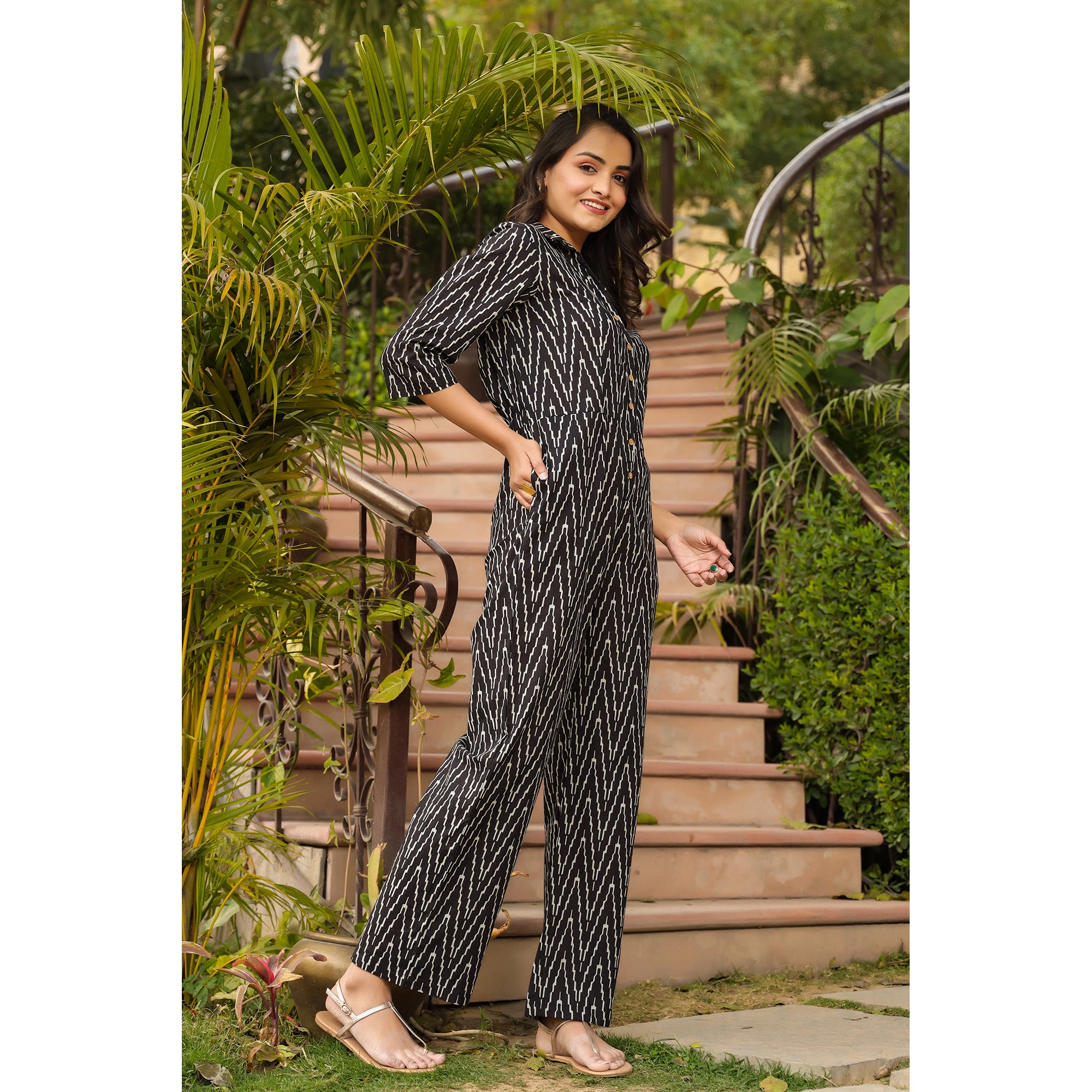 Patterned Zig-zag on Black Jumpsuit