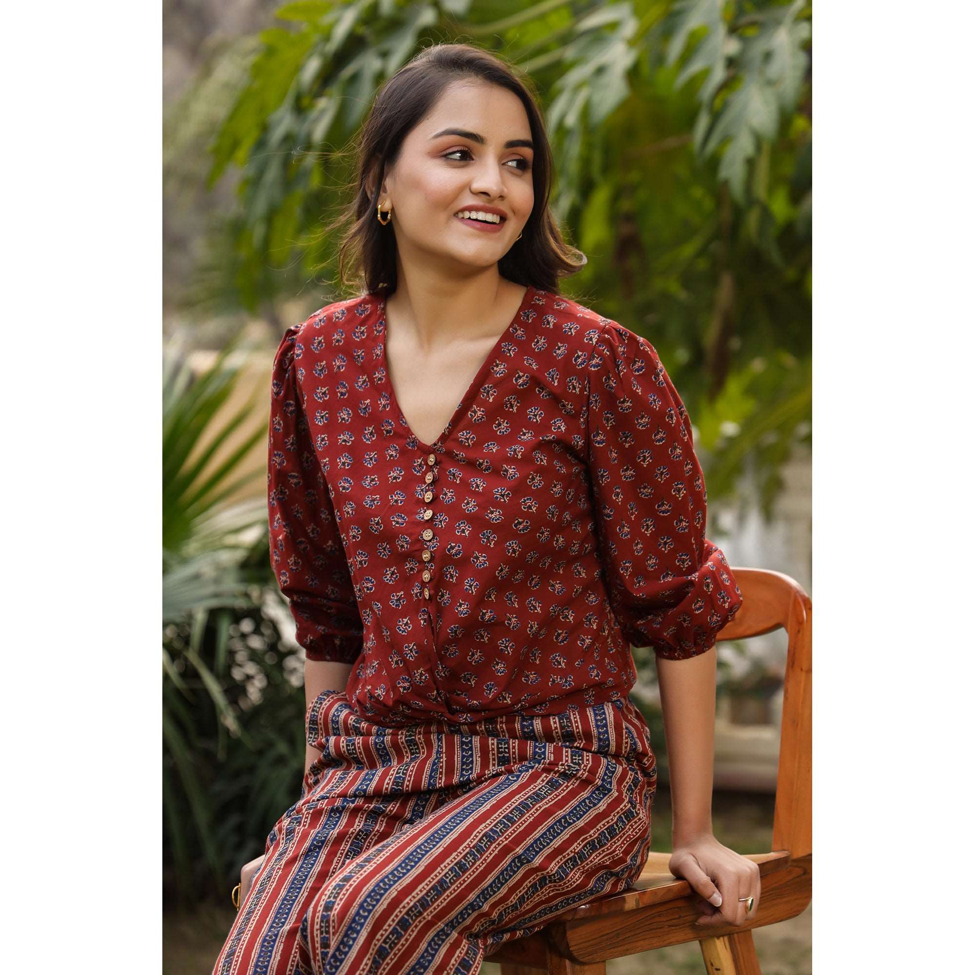 Ajrak with Stripes on Maroon Cotton Co-ord Set