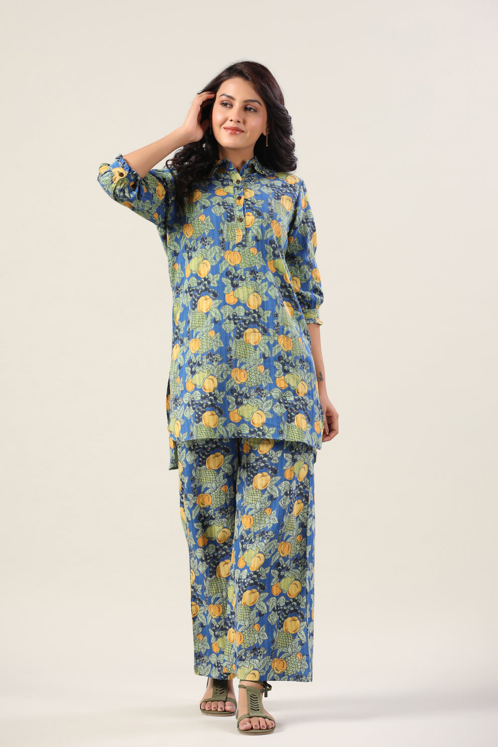 Lemonade on Blue Cotton Palazzo Loungewear Set