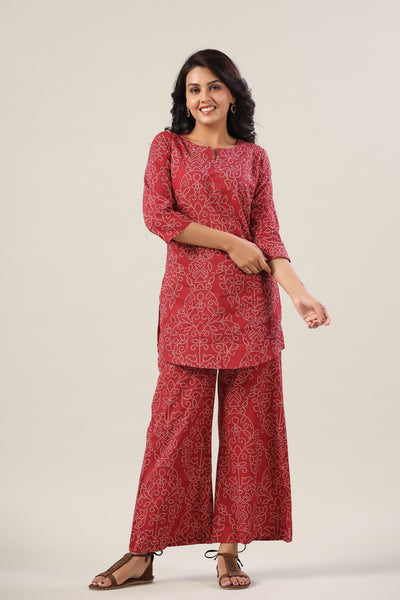 Floral Bhandej Dots on Maroon Cotton Palazzo Co-ord Set