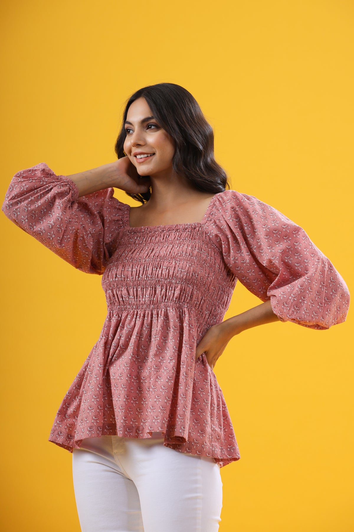 Floral Motifs on Pink Smocked Top