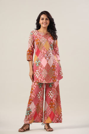 Pink Print Collage on Cotton Palazzo Loungewear Set