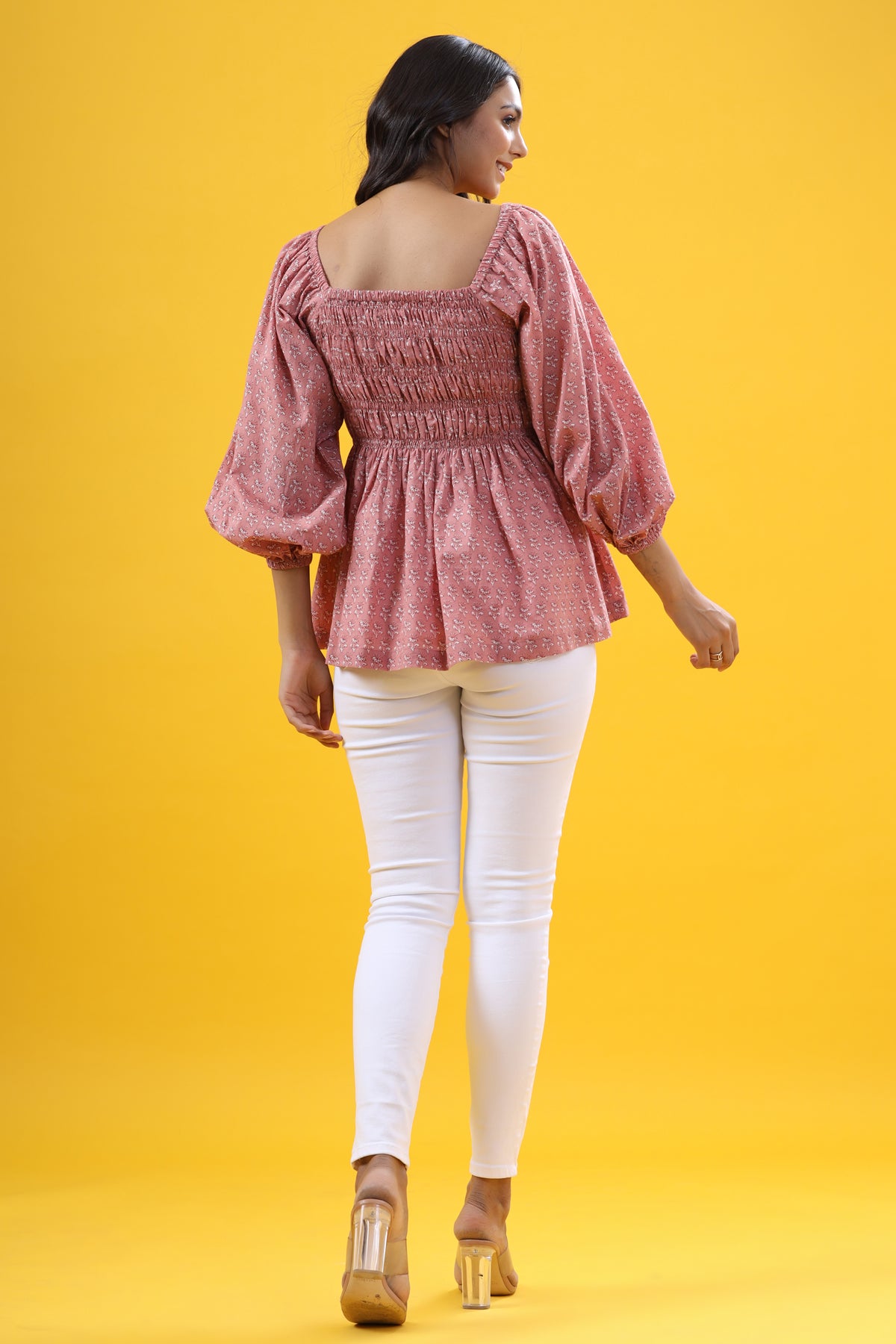 Floral Motifs on Pink Smocked Top