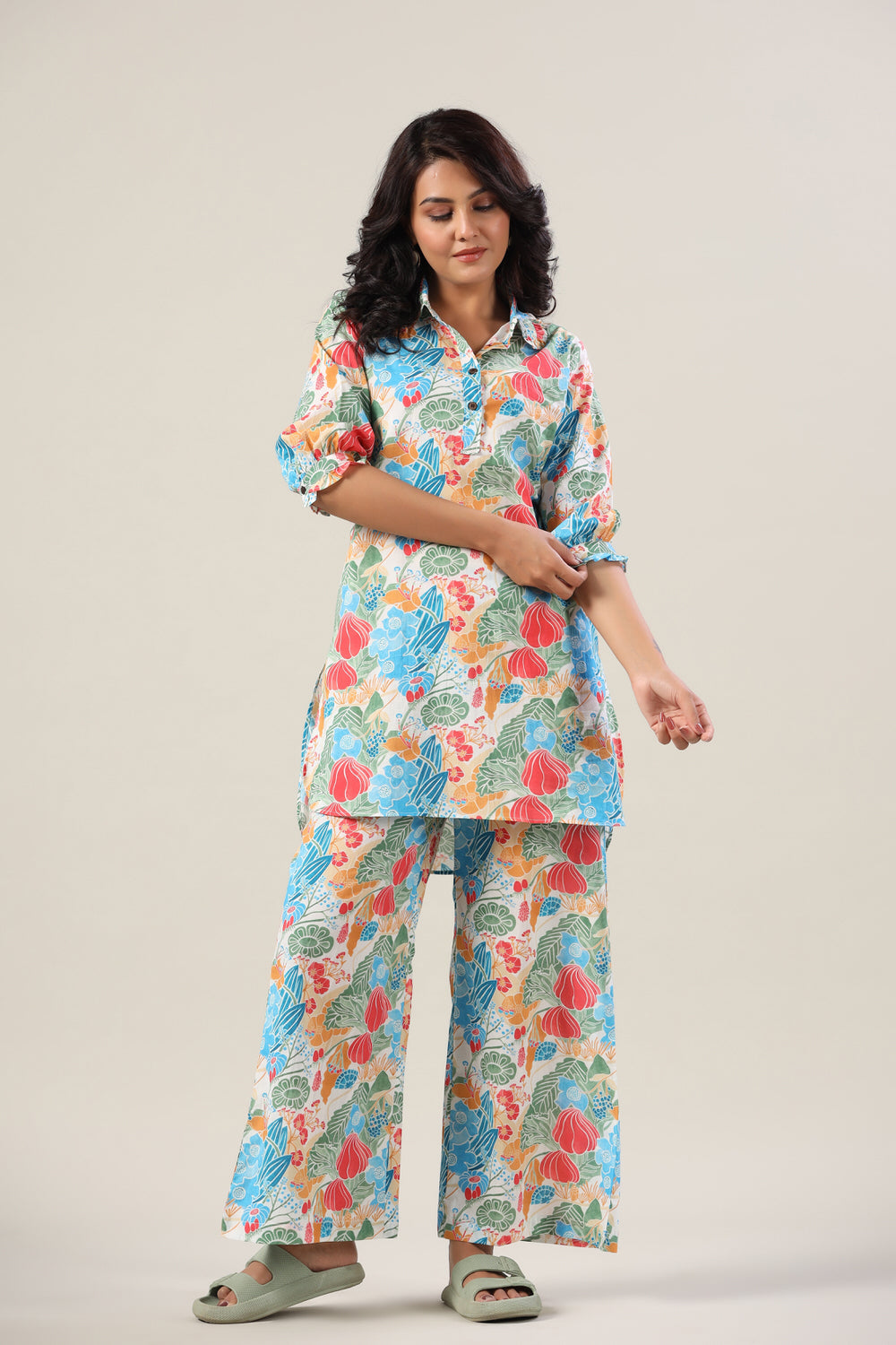 Floral Jaal on Collared Palazzo Loungewear Set