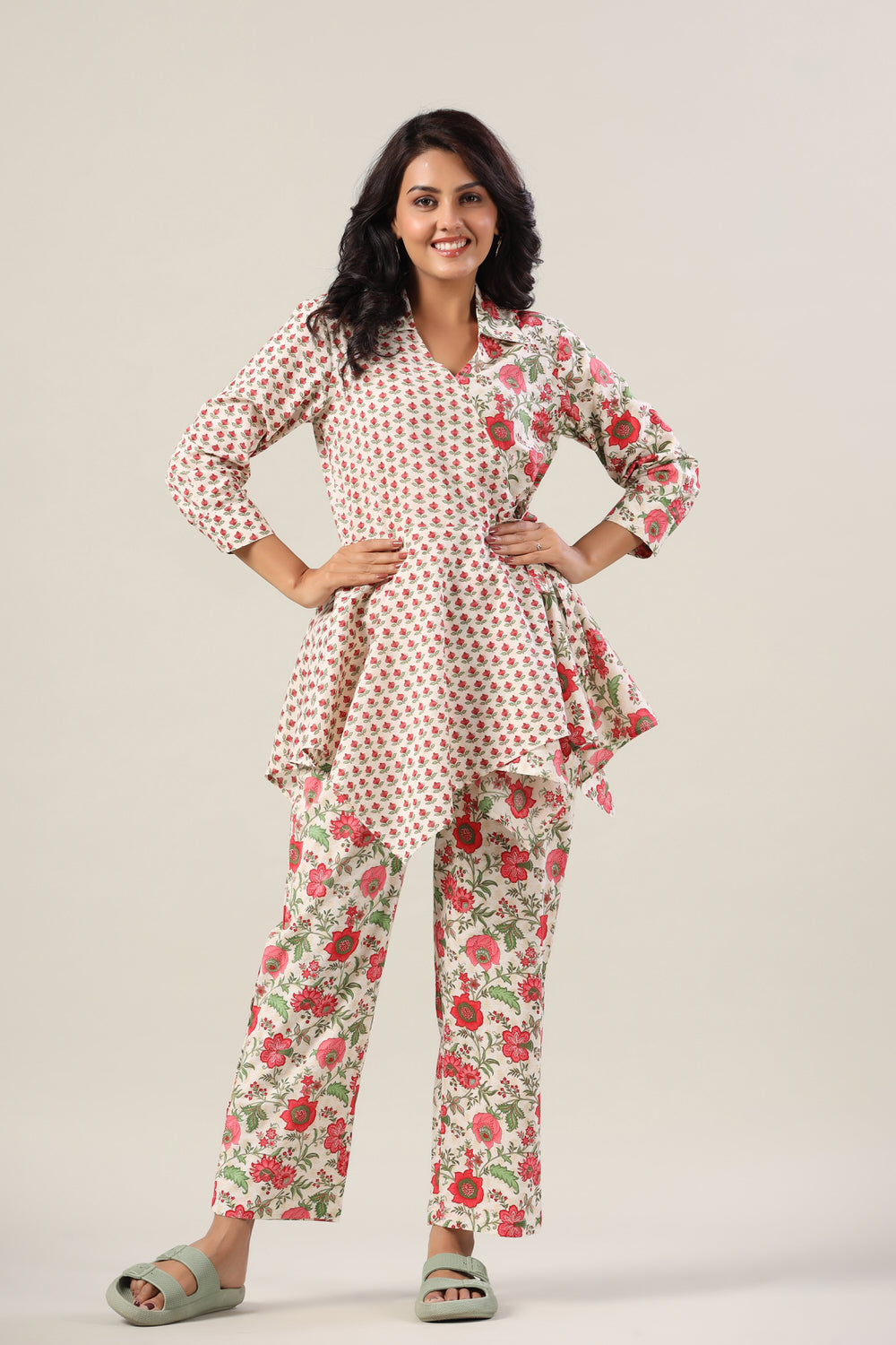 Red Floral Jaal on Side Knot Cotton Co-ord Set