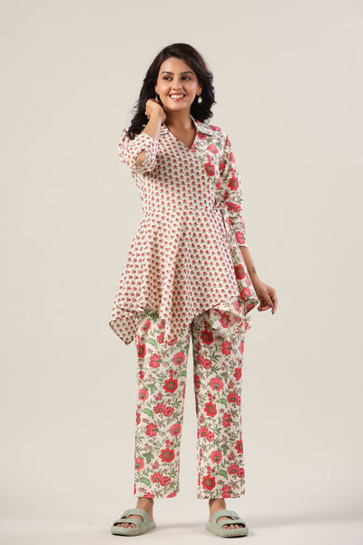 Red Floral Jaal on Side Knot Cotton Co-ord Set
