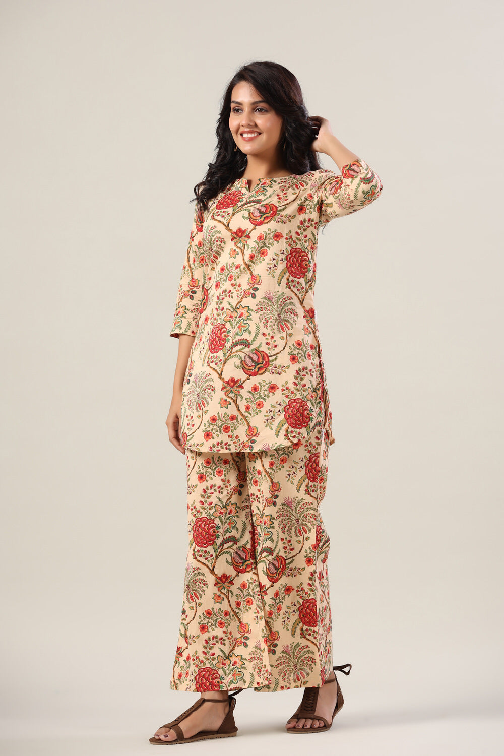 Scenery On Beige Cotton Palazzo Loungewear Set