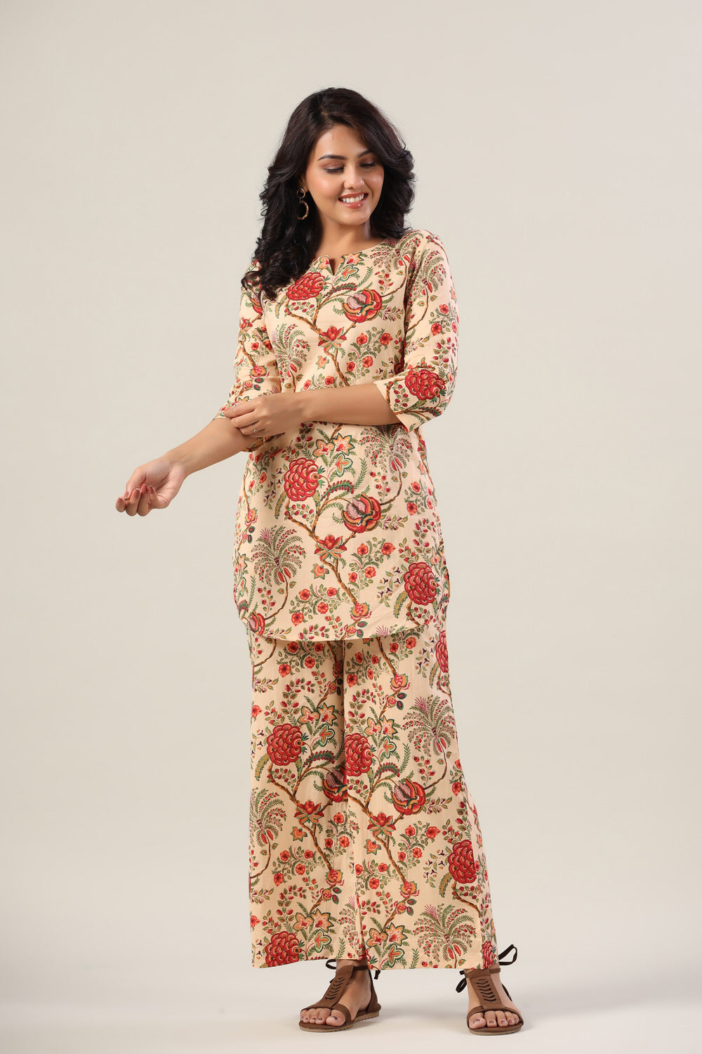 Scenery On Beige Cotton Palazzo Loungewear Set