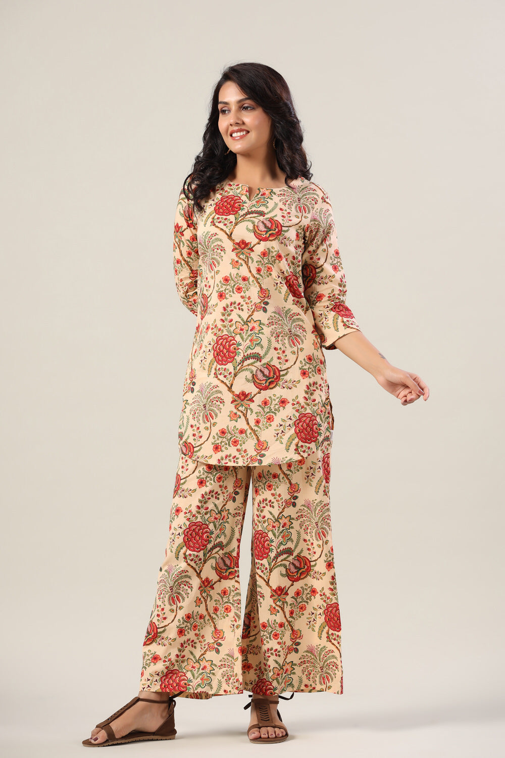 Scenery On Beige Cotton Palazzo Loungewear Set