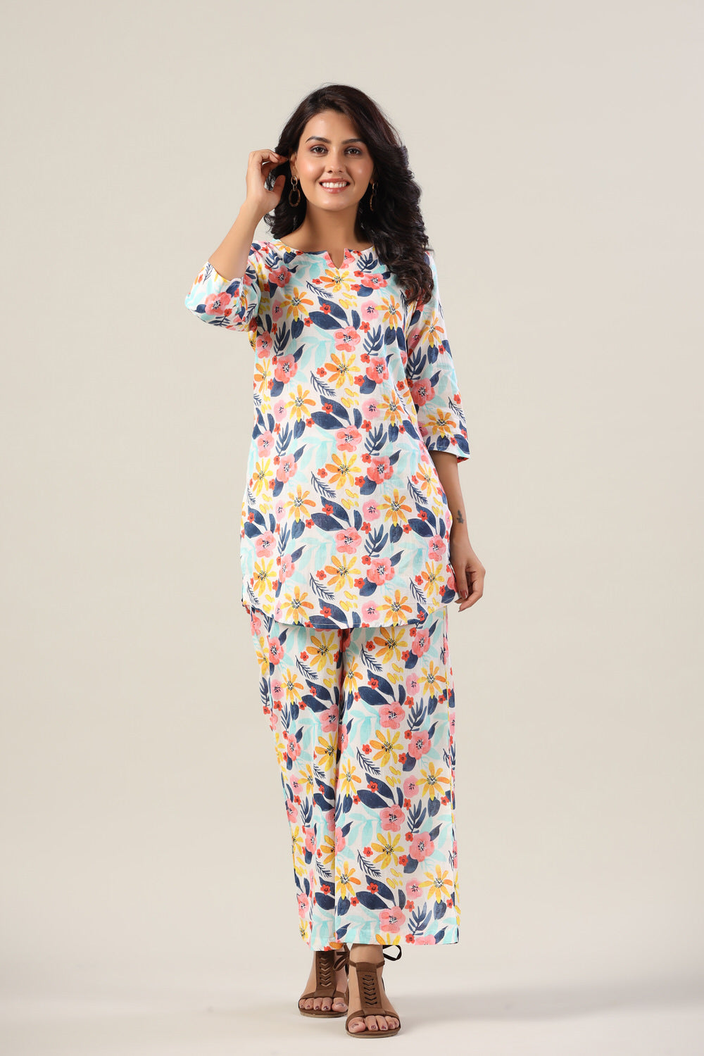 Flora On White Cotton Palazzo Loungewear Set