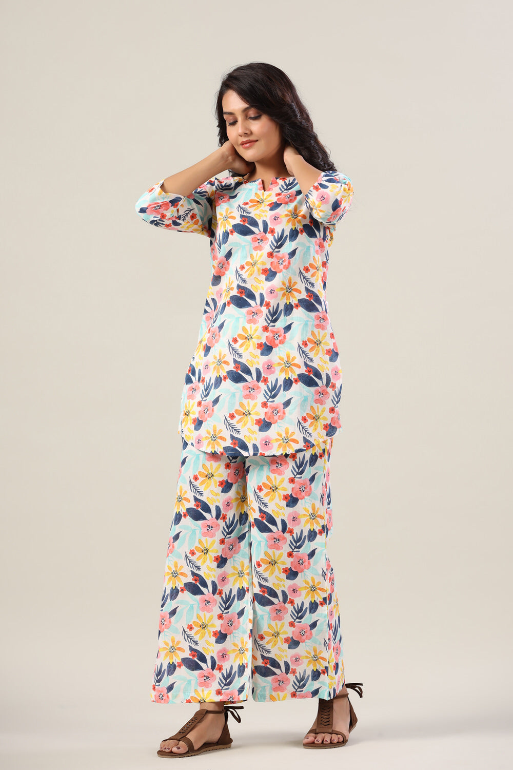 Flora On White Cotton Palazzo Loungewear Set