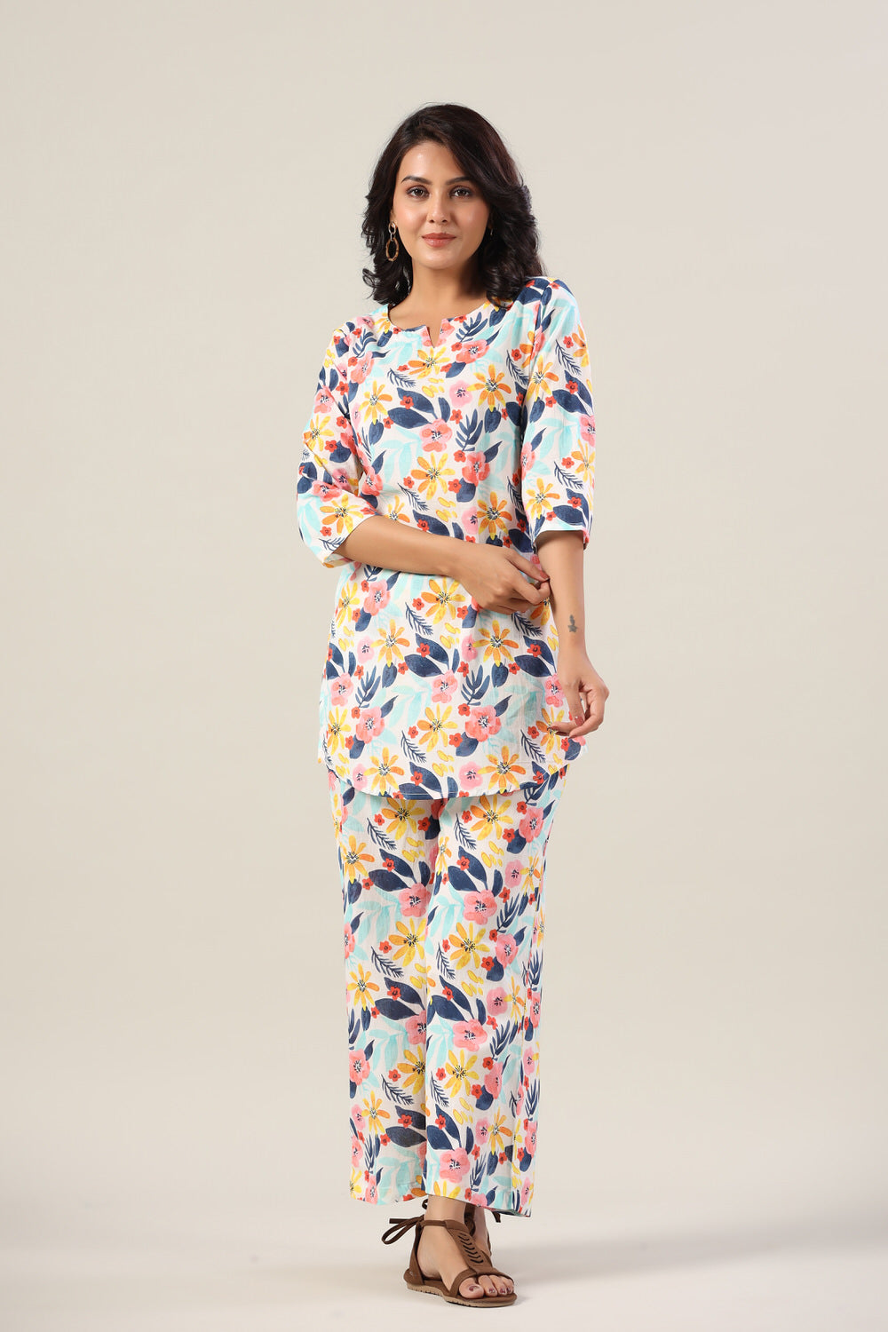 Flora On White Cotton Palazzo Loungewear Set