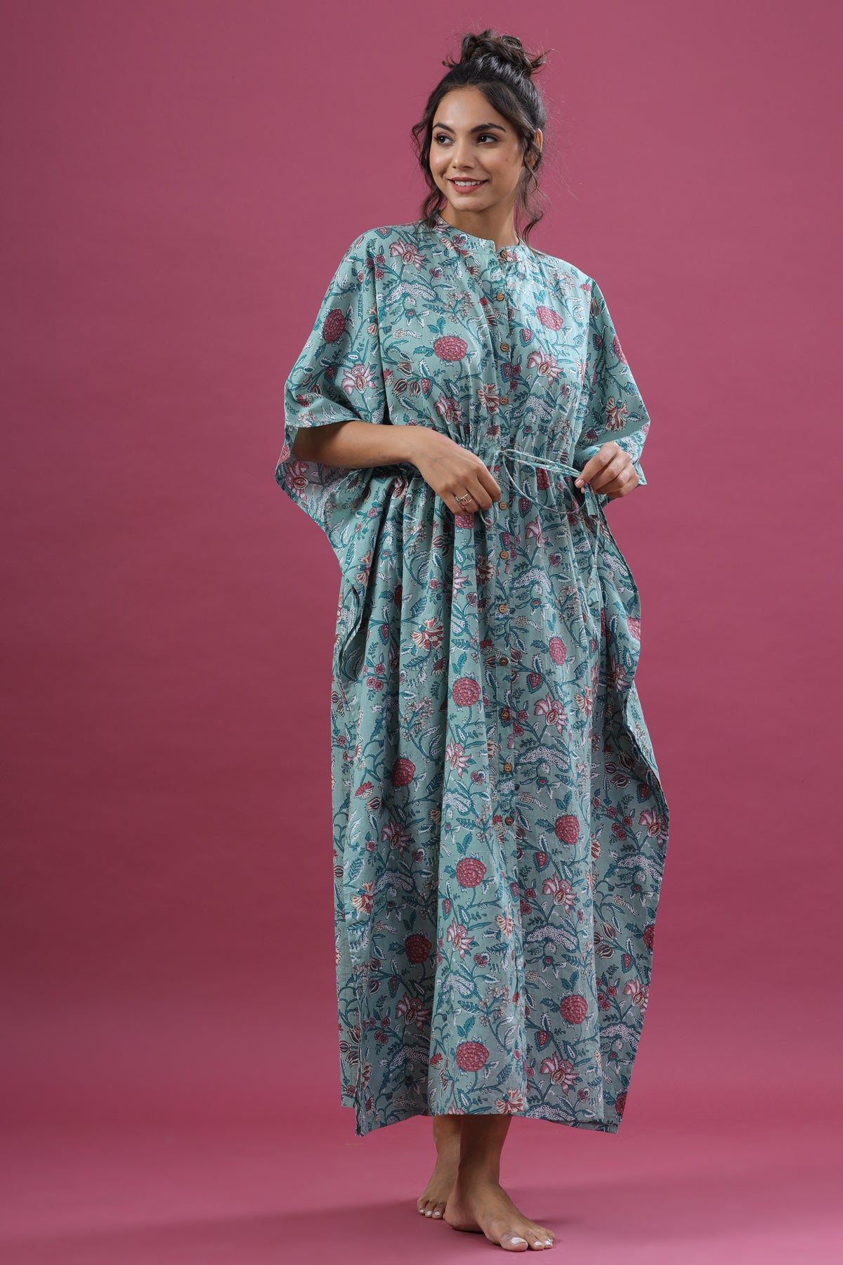 Floral Jaal on Sea Green Front Buttoned Kaftan