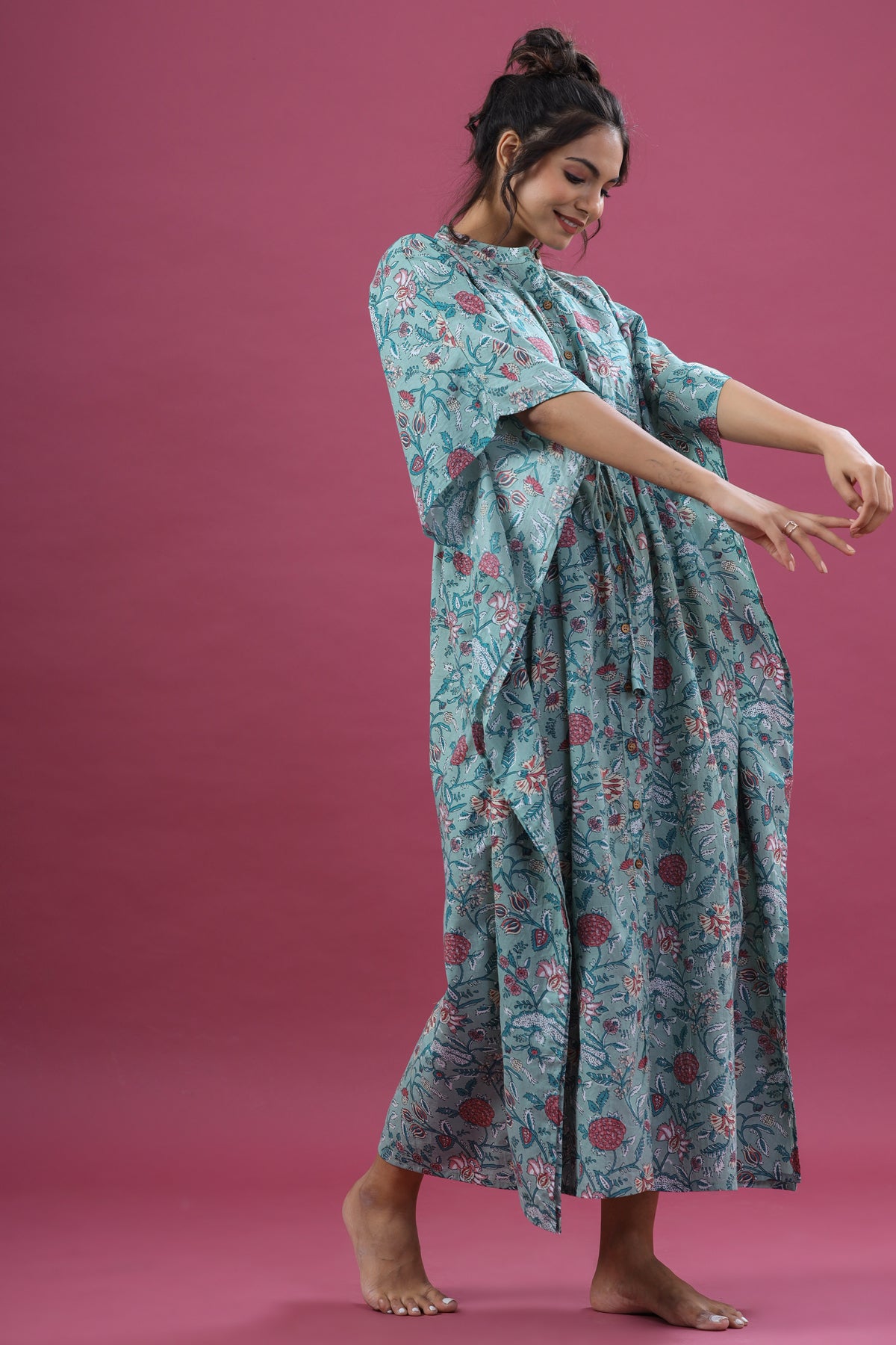 Floral Jaal on Sea Green Front Buttoned Kaftan