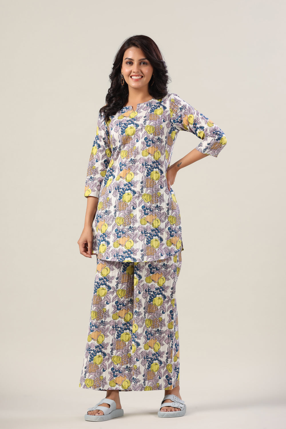 Fresh fruits on Blue Cotton Palazzo Loungewear Set