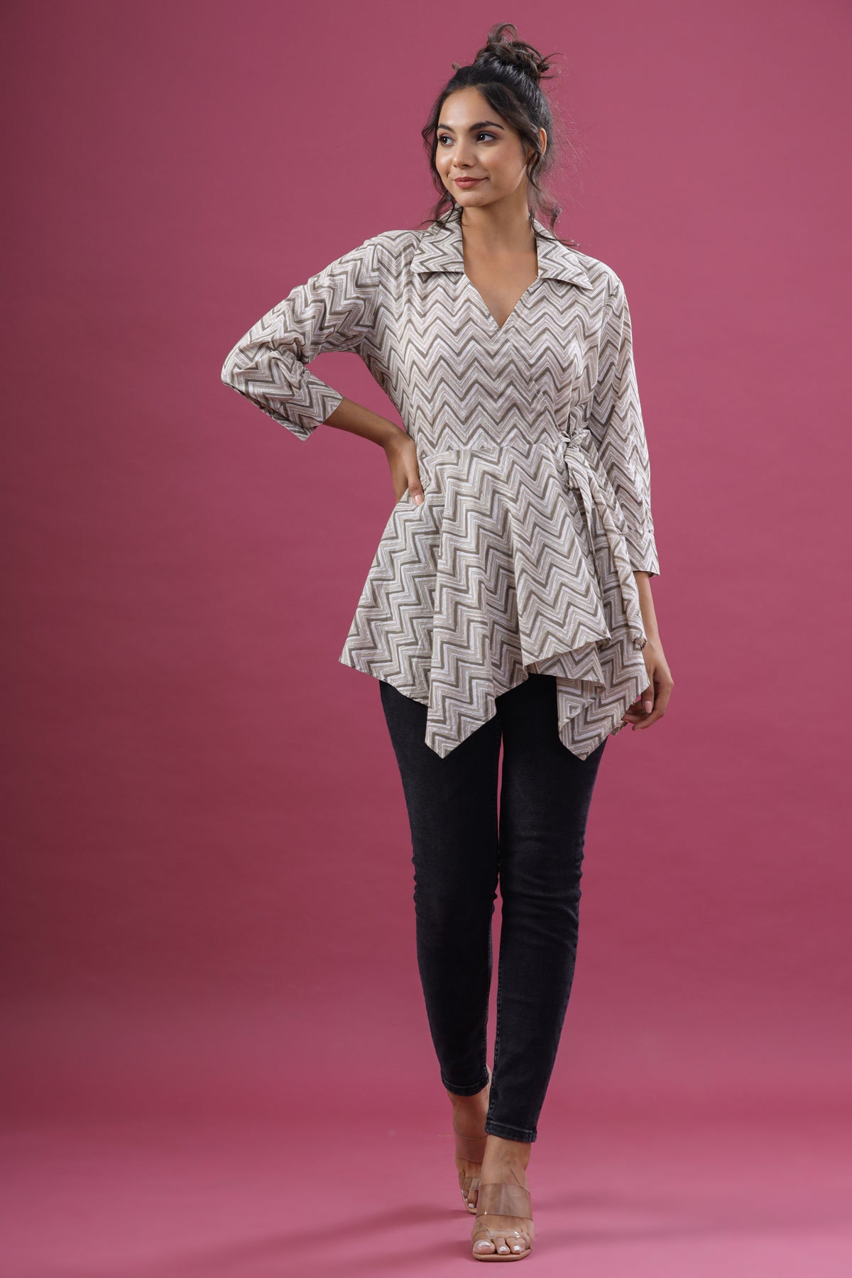 Patterned Zigzag On Grey Short Kurti