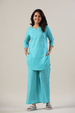 Zig-Zag Blue Cotton Flex Palazzo Loungewear Set